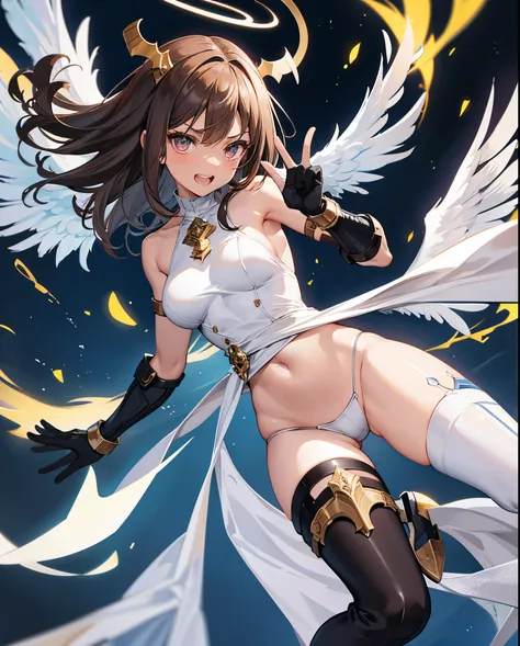 fantasy, 1angel_girl,child, loli,brown_hair, medium_bob_hair, long_bangs, halo,bare_shoulder,thighhighs,silver_armor, waist_armor, large_breasts,angry,grinning,open_mouth_teeth, 1pair_wings, dynamic_pose_fighting,floating, bare_crotch, headgear,gauntlet, g...