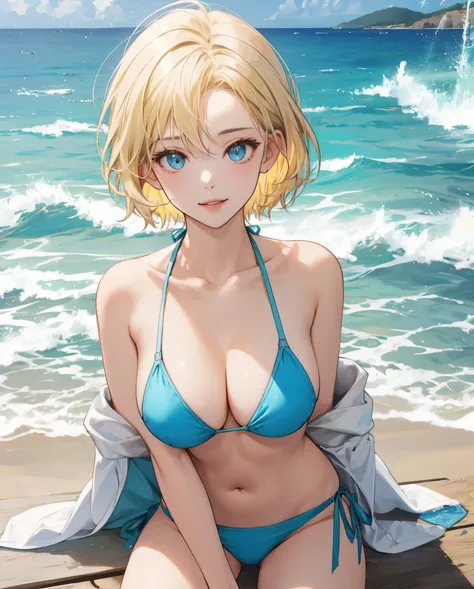 Light blue bikini　She has short blonde hair, parted in the middle.　large boob　near the ocean　beautiful and pure girl　Highlight your beautiful face and body