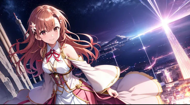 Anime view of Misaka mikoto, 1girl, teen girl, kawaii, solo, chestnut hair, hairpin,brown eyes, standing, looking at viewer,smile,ethereal white robe,praying beads on neck, long skirt,flower fields in greek Acropolis waterfalls,night sky nebulae,anime styl...