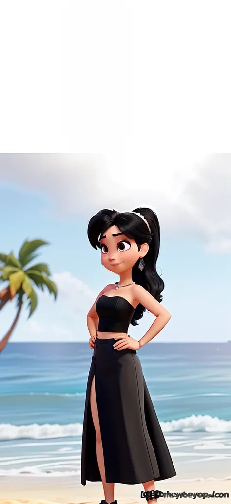 Disney Pixar a sexy woman wearing black strapless bra and long fitted black skirt, standing side view pose her left hand covering her half face with black sruncy in her hand  at the beach