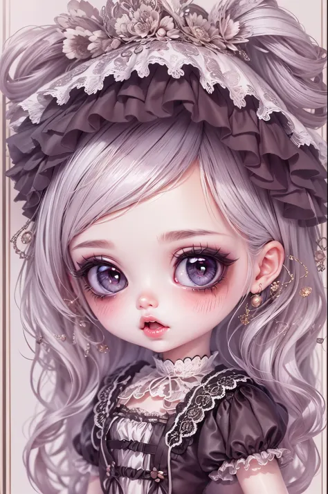 Beautiful Hardcore illustration homepage illustration style,exquisite facial features，The eyes are bright，chibiStyle，Dark,gothic barbie doll,Lolita skirt，delicate linework，3 Rendering