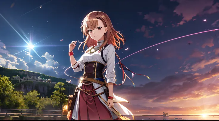 Anime view of Misaka mikoto, 1girl, teen girl, kawaii, solo, chestnut hair, hairpin,brown eyes, standing, looking at viewer,smile,medieval knight armor,praying beads on neck, long skirt,flower fields in greek Acropolis waterfalls,anime style,deep depth of ...