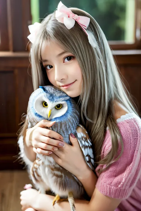 silber hair、teens girl、real owl、embrace、inside in room