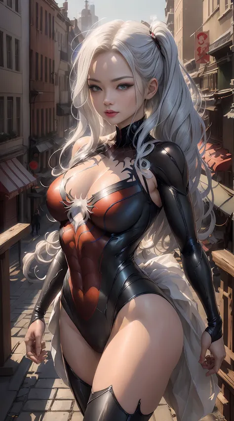 （tmasterpiece，4K分辨率，ultra real photo，The content is very detailed），（white super hero theme，Attractive cleavage，There was a girl in town，wearing Spider-Man costume，Shes a superhero），[（（25 age old），（Long gray hair：1.2），Full body lesbian，（eBlue eyes：1.2），（（Sp...