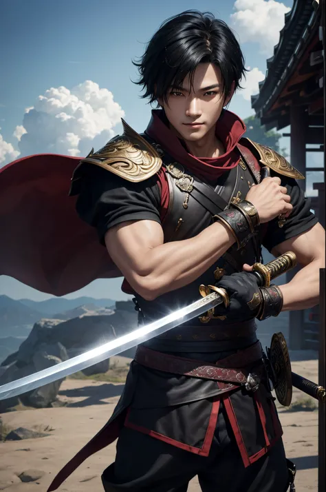 8K、独奏、16 year old boy,Super handsome boy,handsome boy with dark eyes,Black hair short bob hair,Black and red exterior,Golden decoration(Armed with a long Japanese sword)、facing the front there、demon slayer boy,ruins,magnificent artwork、Wind effect:1.9、clou...