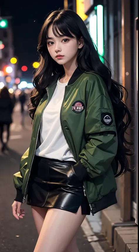 18 year old girl, she wears a green jacket, she wears a black mini skirt, she wears white sneakers, she has long black wavy hair, she is very cute, she is in the city on night, bustling city atmosphere, very realistic, very detailed