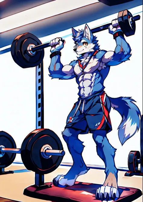 Human-wolf，musculous，Full Body Furry，paws with claws，pass upright，Working out in a gym