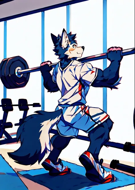 Human-wolf，musculous，Full Body Furry，paws with claws，pass upright，Working out in a gym