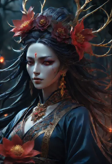 (Lycorisradiata close-up:1.5)，Charming flower of the other side，Mysterious Manzhu Shahua，A bloody ghost flower blooming at the gate of hell，Leading the soul to the afterlife，Evil charm，Flirtatious，uncanny，Magic Sword，Alloy iron flower，Alloy vines surround ...