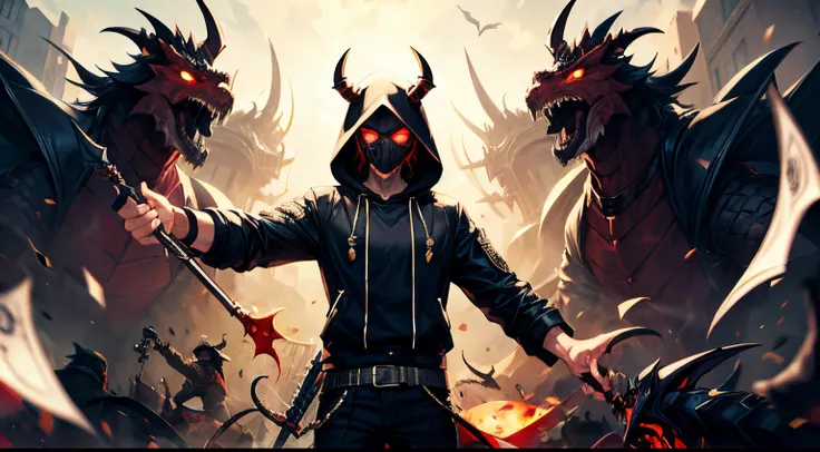 Medium View Scene， dragon.，Reaching out your hands，long disheleved hair，Glow effect，Hyper-realistic，Ultra photo realsisim，black gangster outfit,hooded,Black pants,black and red hair,mid length hair,brown eye,horns demon,Cowboy shot,, leaning, weapon demons...