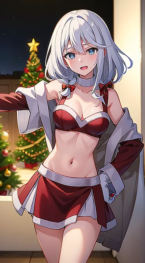 masterpiece, best quality, 1 solo girl, white hair, blue eyes, short hair, wavy hair, Christmas ornaments, medium breasts, mature body and face, red christmas dress, christmas, christmas light, christmas tree, red gloves, red santa skirt, holding gift, red...