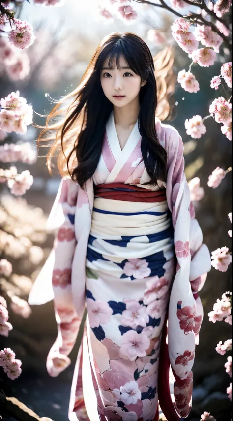 ((Kimono))、((Pink kimono))、(full body Esbian)、(top-quality,​masterpiece:1.4、超A high resolution)、(ultra-detailliert、Caustics)、(Photorealsitic:1.4、RAW shooting)、Ultra-realistic capture、A highly detailed、 Skin texture is natural、pink cherry blossom landscape、...