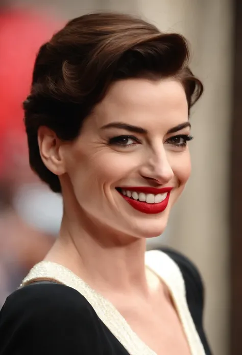 A photo of Anne Hathaway exploring a street art alley,original,She stands approximately 58" tall and has a slim physique. She is known for her large, expressive brown eyes and a radiant smile featuring prominent, well-aligned teeth.

Hathaway has a fair co...