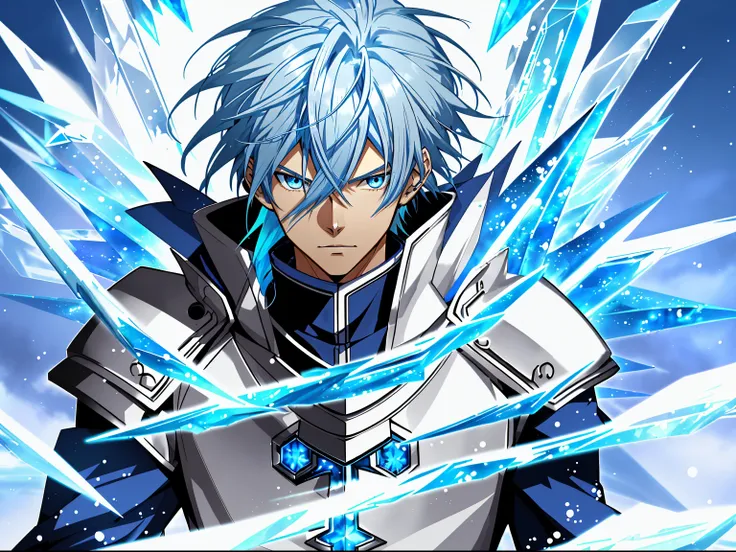 Anime character with blue hair and eyes in snowy scene, Ice Mage,  Tall blue eyed anime character, freezing blue skin, Key anime art,, male anime characters, ice crystal armor, Detailed key animation art, Magic Knight complete avatar, blue and ice silver c...