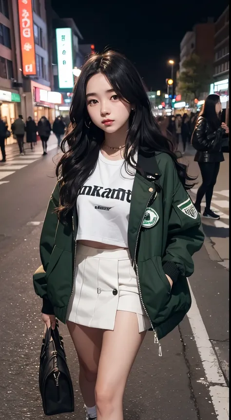 18 year old girl, she wears a green jacket, she wears a black mini skirt, she wears white sneakers, she has long black wavy hair, she is very cute, she is in the city on night, bustling city atmosphere, very realistic, very detailed