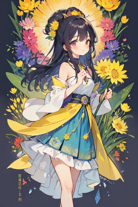 (Best quality at best, A high resolution, tmasterpiece:1.2), A vibrant, detailed lips, A detailed eye, Luzes Realistas, Lesbian, vivaciousness, nothing background, solitary figure, plant-based women, himawari, dandelion, tulips, The purple, Lotus leaf