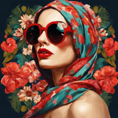 a beautiful model woman with sunglasses, with red lipstick, with a flowery scarf on her head, with pop culture style, painting g...