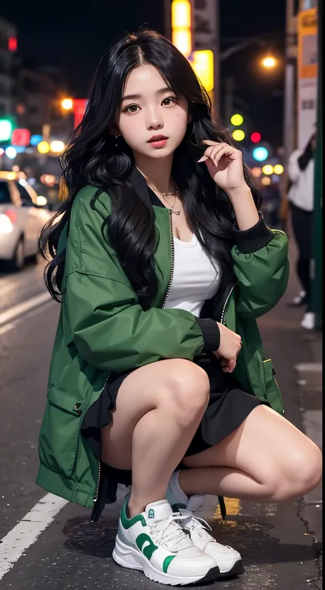 18 year old girl, she wears a green jacket, she wears a black mini skirt, she wears white sneakers, she has long black wavy hair, she is very cute, she is in the city on night, bustling city atmosphere, very realistic, very detailed