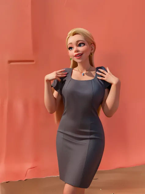 mulher blonde, praia, sbikini, decote, vaidosa, vestido rosa, batom vermelho, large lips, uma personagem alegre no estilo Disney Pixar