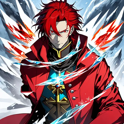 Anime characters with long red hair and red eyes in snowy landscapes, Ice Mage,Tall anime guy with red eyes, freezing blue skin, Key anime art, male anime character, Ice crystal armor, Detailed key anime art, full portrait of magical knight, Red coat, with...