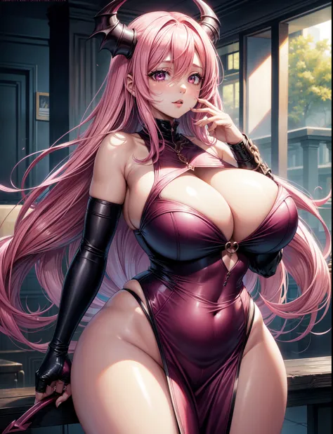 1girl, pink hair, trendy hairstyle,  hd quality, 4k, 8k, demoness, succubus, huge breasts, massive breasts, wide hips, curvy, hourglass figure