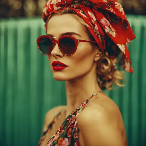 a beautiful model with sunglasses, red lipstick, flowery headscarf, pop culture style, photography style made by Guy Aroch, midjourney, 8k.