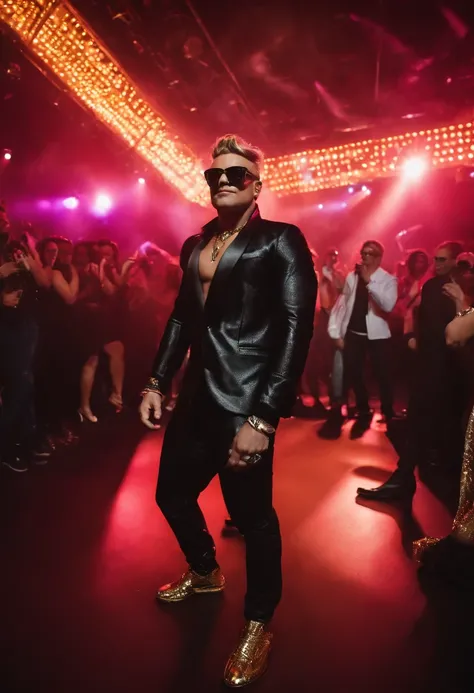 A video of Zane dancing on stage, surrounded by flashing lights and a roaring crowd, as he drops the bass on a newly released track.,original,a flamboyant and notorious DJ, is known for his ostentatious style, often sporting flashy designer outfits, oversi...