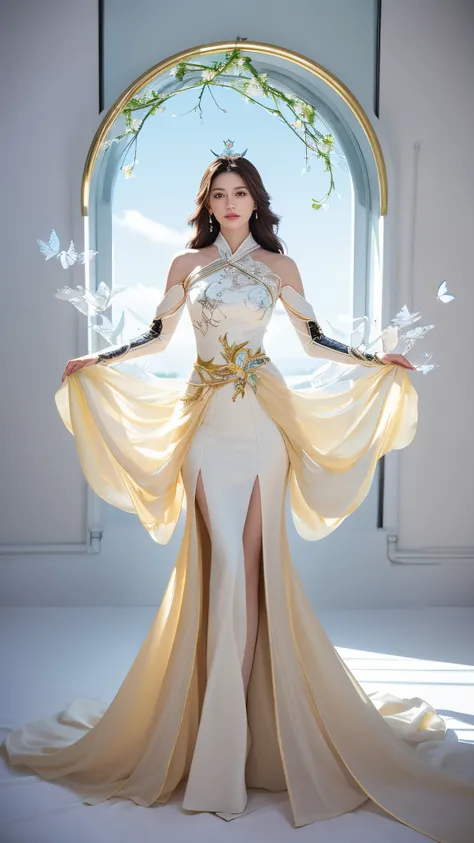 Full body lesbian,8k portrait of beautiful robot with brown hair, iintricate, Elegant, The content is very detailed, A majestic, digital photography, Art germ、Surrealist painting of gold butterfly filigree by Nguyen Chia and Greg Rutkoski, brokenglass, (tm...