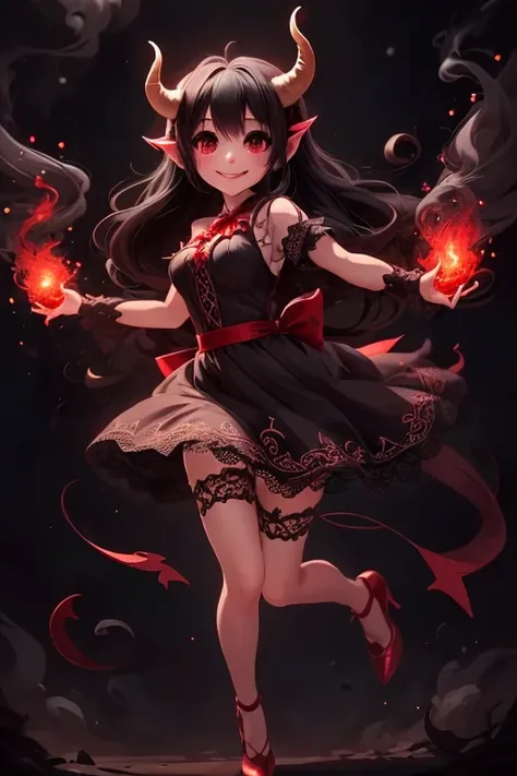 a clcose op of a (horned demon girl) smiling, wearing a lace cloth dress, black hair, red smokey eyes makeup, (hair bow), stockings, pumps, dramatic magic floating pose, (full body), sfw