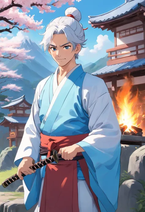 French man, hair bun, powder blue and white kimono, wielding katana, teapot on camp fire, standing, white hair, high cheekbones, smirking, dappled sunlight, cherry blossoms male, masculine, facial hair stubble