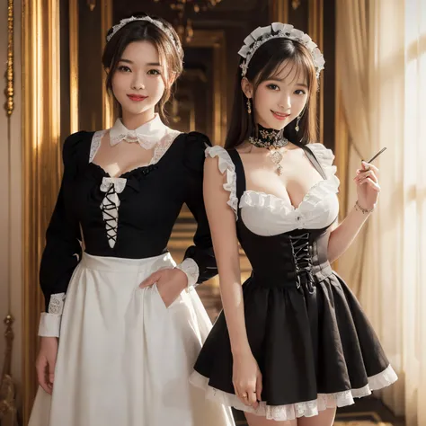 (((Best Quality, masutepiece, 超A high resolution、The most complex and detailed depictions、awardwinning, 8K、Bright and vivid)))、(1 Beautiful Maid、Half Japan and half Spanish in one、standing elegantly、A maid standing elegantly)、(Gorgeous Victorian Maid Dress...