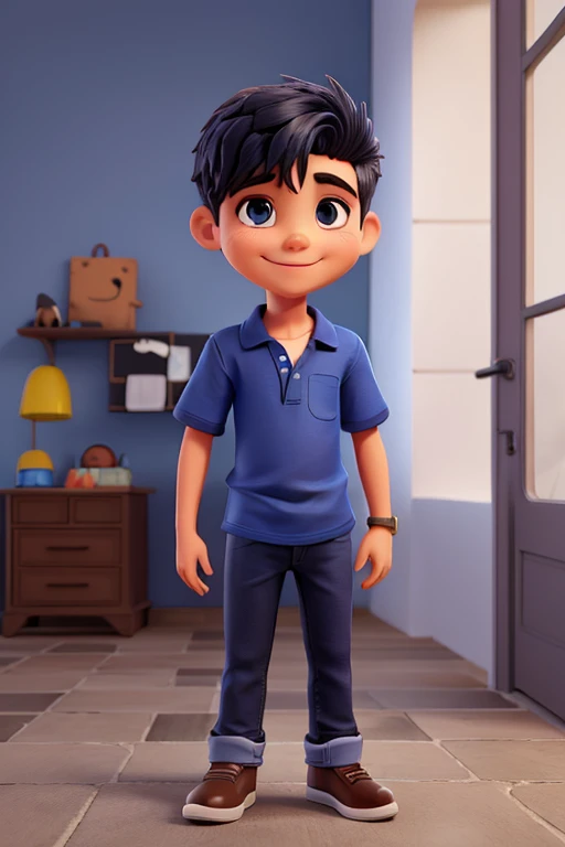 quero um desenho de um menino de 14 anos sorrindo, de cabelos preto enrolado com sapato preto, blue shirt jeans