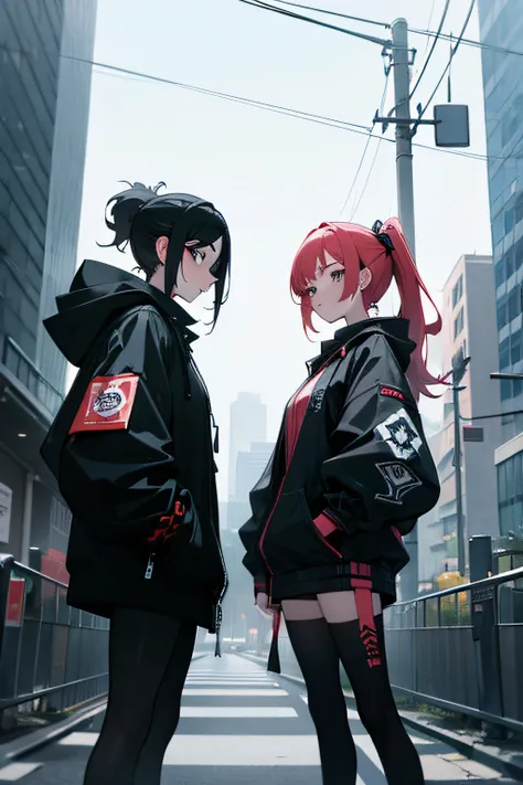 2 girls, wearing streetwear, city streets, absurdres, high res, ultrasharp, 8k, marsterpiece, anime