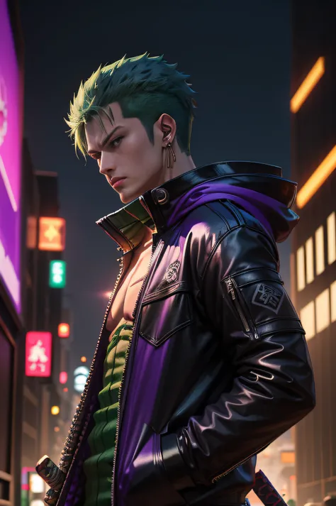 a man with Green hair and a purple jacket holding a Katana, cyberpunk art inspired by Munakata Shikō, tumblr, digital art, ufotable art style, anime wallaper, profile picture 1024px, trigger anime artstyle, badass anime 8 k, One Piece, 4k anime wallpaper, ...