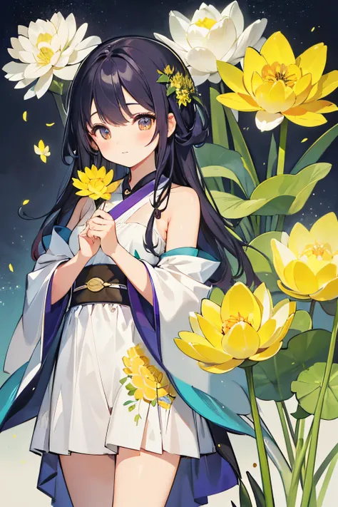 (Best quality at best, A high resolution, tmasterpiece:1.2), A vibrant, detailed lips, A detailed eye, Luzes Realistas, Lesbian, vivaciousness, nothing background, solitary figure, plant-based women, himawari, dandelion, tulips, The purple, Lotus leaf