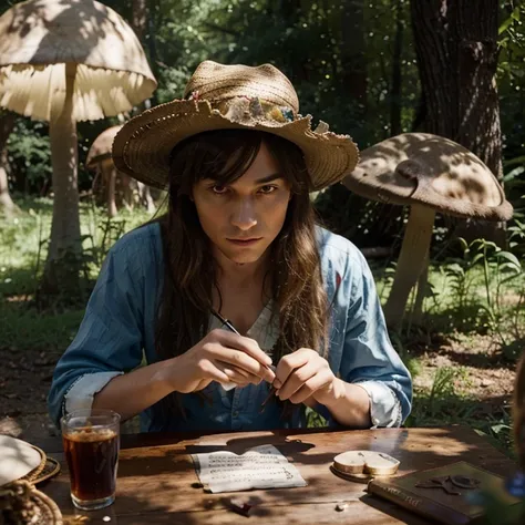 Man in a hat with a magic mushroom and looking hallucinated writing a love letter in the film: alice in the wonderland