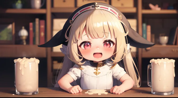 1girl,nun,pink eyes,blonde hair,(loli:1.7) ,cum mug,Gokkun,Traven,fantasy,indoor,holding mug,upper body,cumgar,happy,looking at viewer