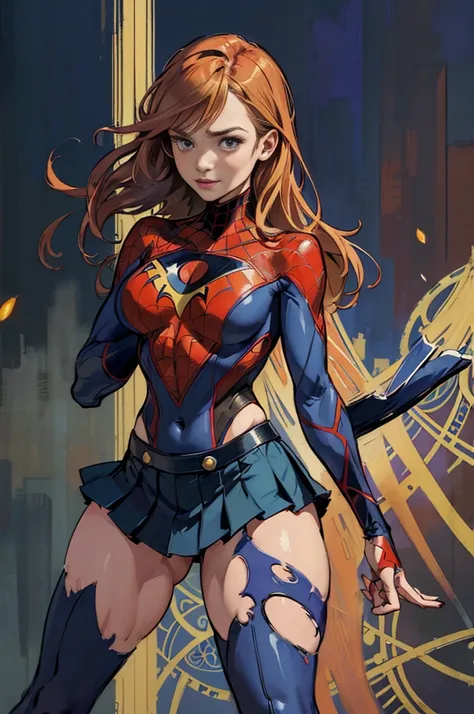 Daniel Panabaker、Sticking out the navel、newyork、She wears a torn Spider-Man suit,wearing skirt、abstract photorealistic、artistic、Alphonse Muchas painting(​masterpiece、top-quality、hight resolution:1.4)、detaileds、intricate-detail、4K、color splashes、line-drawin...