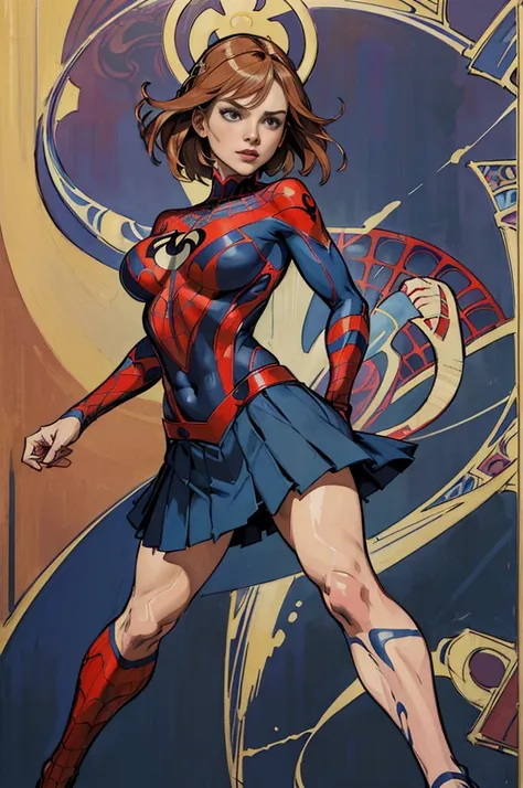 Daniel Panabaker、Sticking out the navel、newyork、She wears a torn Spider-Man suit,wearing skirt、abstract photorealistic、artistic、Alphonse Muchas painting(​masterpiece、top-quality、hight resolution:1.4)、detaileds、intricate-detail、4K、color splashes、line-drawin...