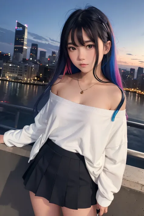 1girl in, Black_Skirt, Blue_hair, building, city, Cityscape, hair_Bland_Eyes, Jacket, up looking_で_viewer, Medium_hair, Multicolored_hair, multiple_Boys, Night, Off_Shoulder, Outdoors, pleats_Skirt, mountain road, Shirt, Skirt, Skyscraper, Smile, Solo_Focu...