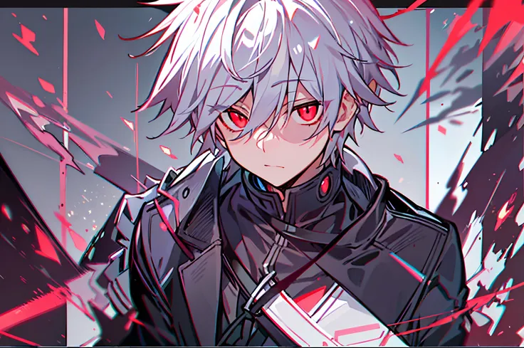 hight resolution,close range、Anime boy with white hair and red eyes staring at camera, Glowing red eyes,slim, dressed in a black outfit,Shadow Body,colorful backdrop,hair messy,Straight face、Diagonal angle