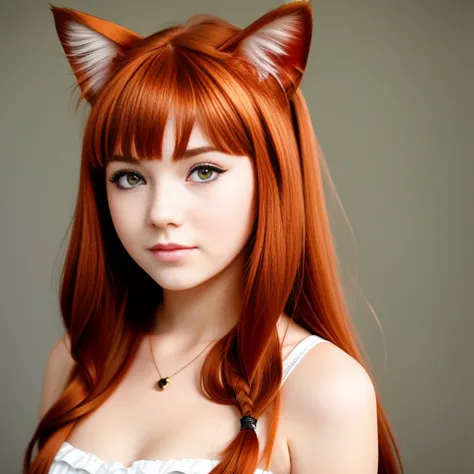 A cat that turned into a human girl with long reddish brown hair.　Cat ears in the position of human ears　red hair ornament