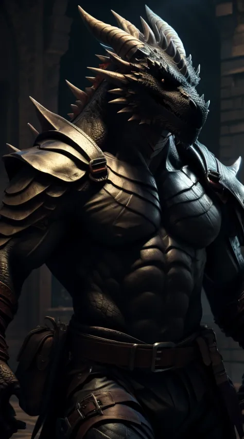 A dragon man, muscular, illustration, (best quality, 4k, highres, masterpiece:1.2), ultra-detailed, realistic, horror, sharp focus, vivid colors, abs, light armor, topless, black body with scales, black eyes, in motion, belts with pouches and bag