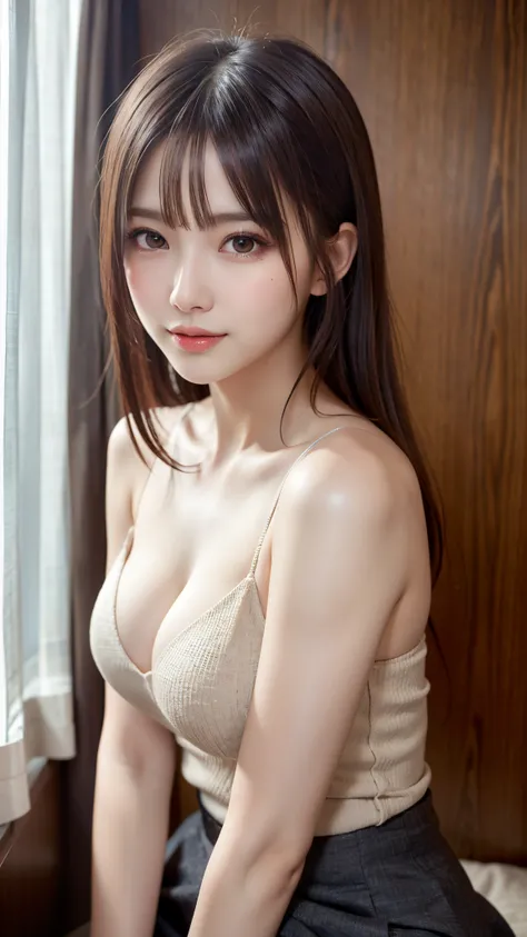 1 beautiful young girl, Super beautiful detailed face, shyly smile, Symmetrical black eyes),  hime cut hair, (Fine face:1.2), High quality, Realistic, Highly detailed CG unified 8K wallpapers, Highly detailed, High-definition raw color photos, Professional...