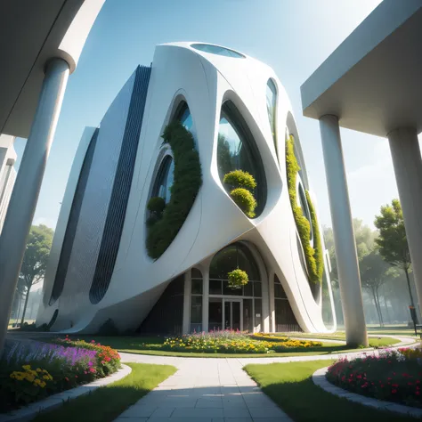 A white futuristic building，complete whole，Reflect harmonious and symbiotic relationship with plants，More flowers and green plants，imagining，high qulity，high detal，rtx，8k，hyper HD