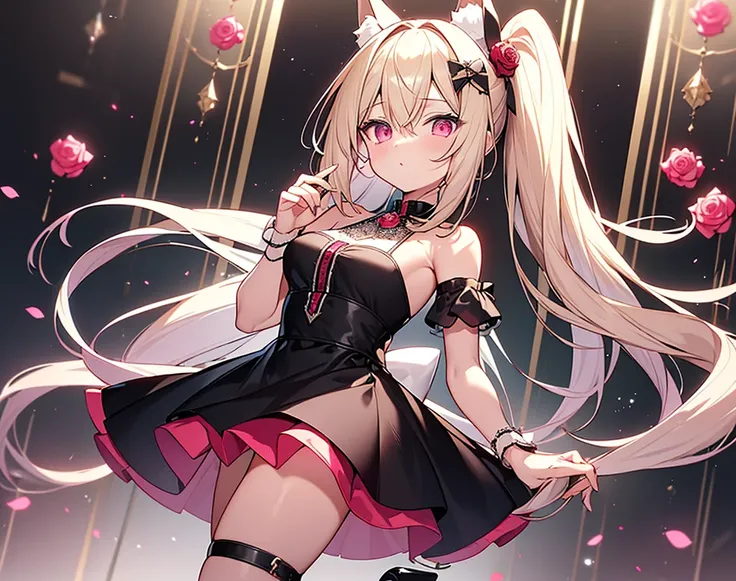 ((masterpiece, best quality)), a maiden, standing full body main view blonde hair, double ponytail, pink eyes, bangs between the eyes fox ears, black white and rose red clothing, clothing style: singing dress, leg straps, hair ornaments are bows, crystal p...