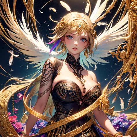 girl with，Huge breasts，off shoulders，Golden hair，Colored feathers，metal ornaments，colorful flower，Particle，Rays of Light，(masutepiece, of the highest quality, Best Quality, Official art, Beautiful and aesthetic:1.2), (1girl in:1.3), Extremely detailed,(Fra...