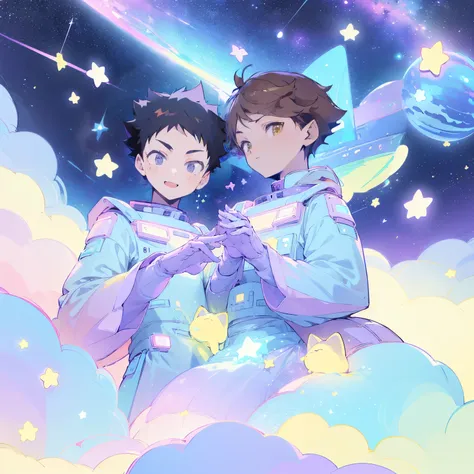 galaxy,((2 boys)),2 boys floating through space, spacesuits,planets,stars,cats, holding hands,kawaiitech,cute,cute colors,pastel colors,kawaii,flat colors,cute flat coloring,((purple focus))),perfect faces,looking at viewer,iwaizumi,black hair,black eyes,s...