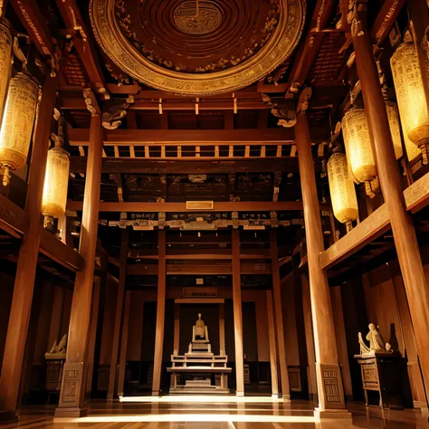 Inside an ancient asian architecture, grand hall with scriptures on the walls, in the middle of the hall ia a great statue of an angel.