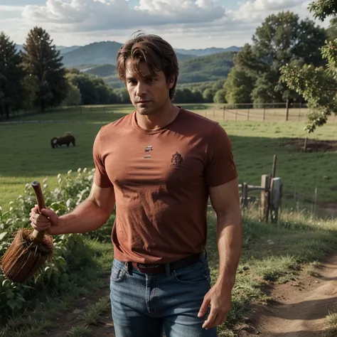 1man, 33 years old, afternoon shadow, brown hair, messy hair, red work shirt, jeans, muscular body, a little sweaty from work BREAK holding a hoe, on a farm, forest, mountains in the background